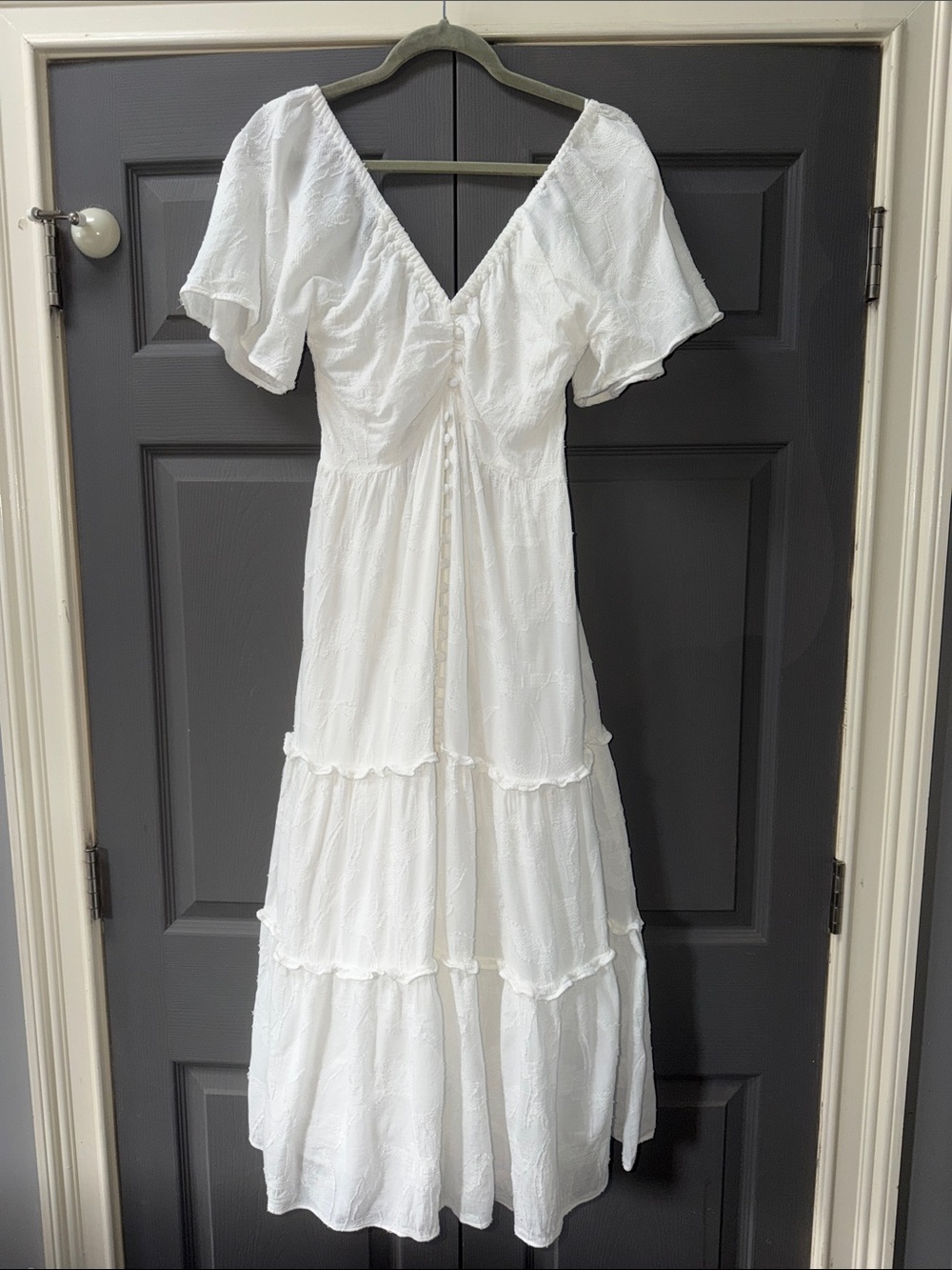 Anthropologie White V-Neck Flutter Sleeve Tiered Maxi Dress